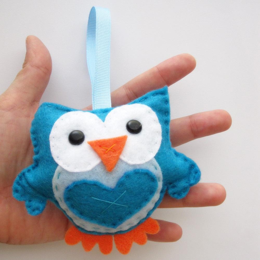 Felt Owl Ornament, cute blue Mini Owl A128