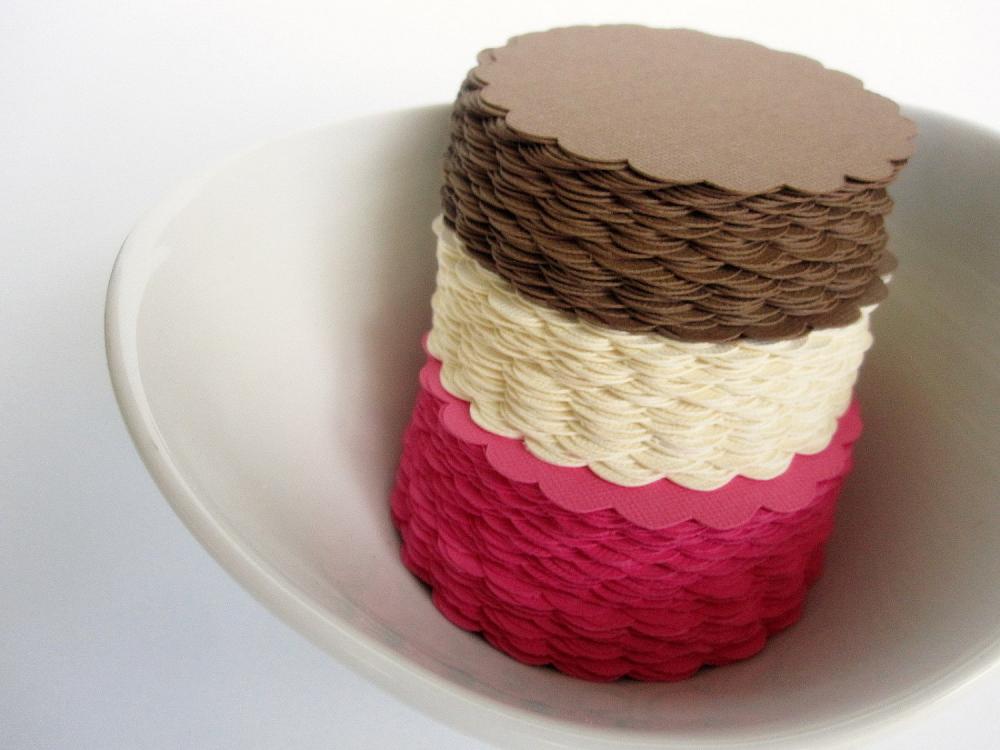 48 Valentine Day Scalloped Circles (2.5 inches) in hot pink, beige and brown textured Cardstock Die Cut A09