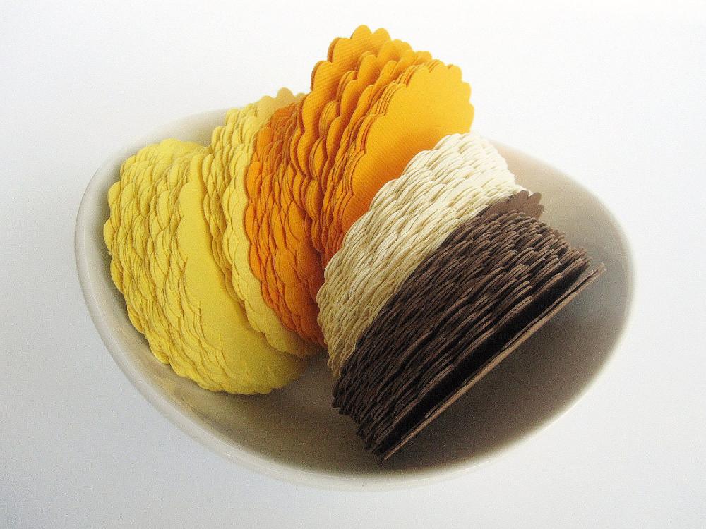 48 Autumn Earth tone Scalloped Circles (2.5 inches) in Yellow, Orange, Beige and Brown Textured Cardstock Die Cut A10